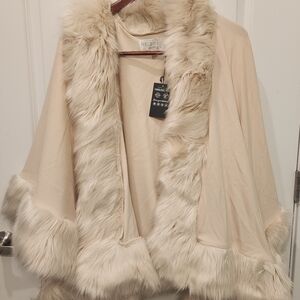 Fabulous Furs Cream Cape with Faux Fur Trim